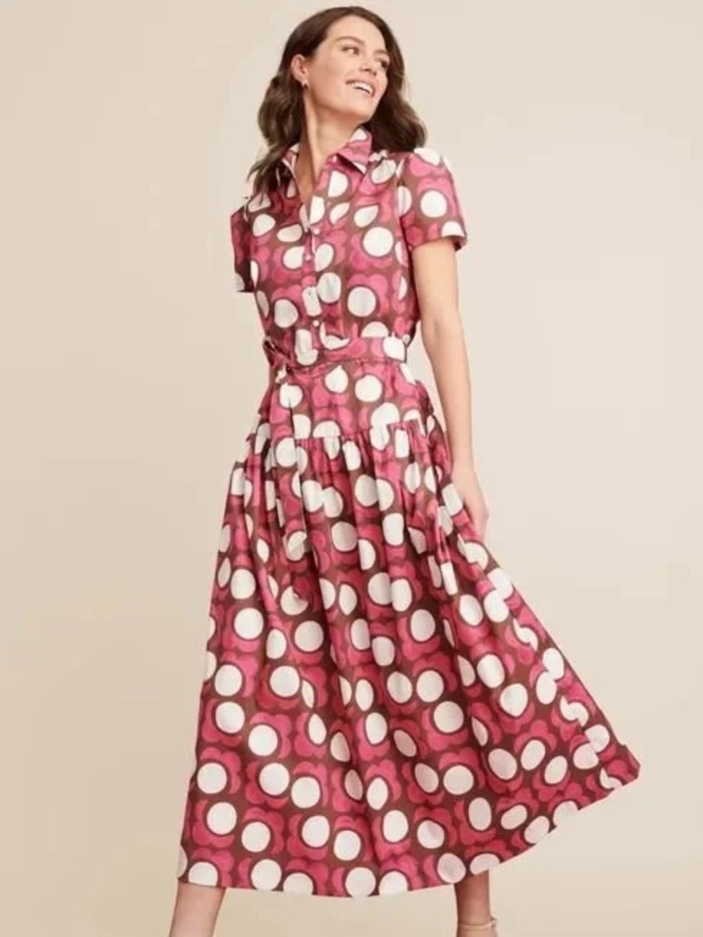 J. McLaughlin McKenna Midi Shirt Dress L Polka Dot Belted Cotton